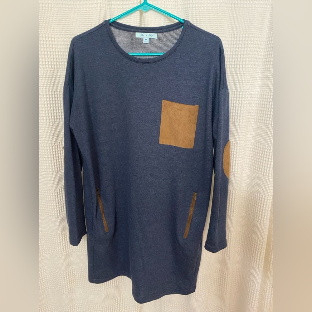 Blue dress with brown elbow patches